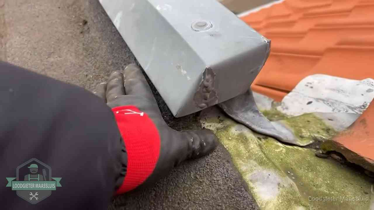 Hemelwaterafvoer en dakgoot controleren in Maassluis Controle van een zinken hemelwaterafvoer met loodslab bij dakpannen in Maassluis